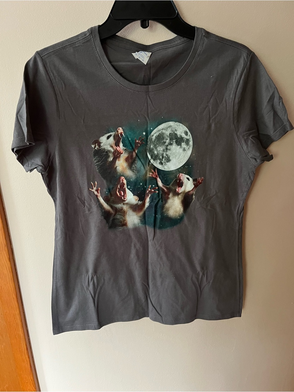 Gray Graphic Tee with Howling Possums and Moon